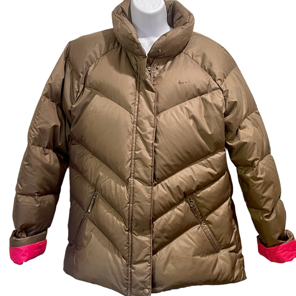 Nike Puffy Down &‎ Feathers Hooded Jacket Womens Sz XL Brown  .01 S-1295